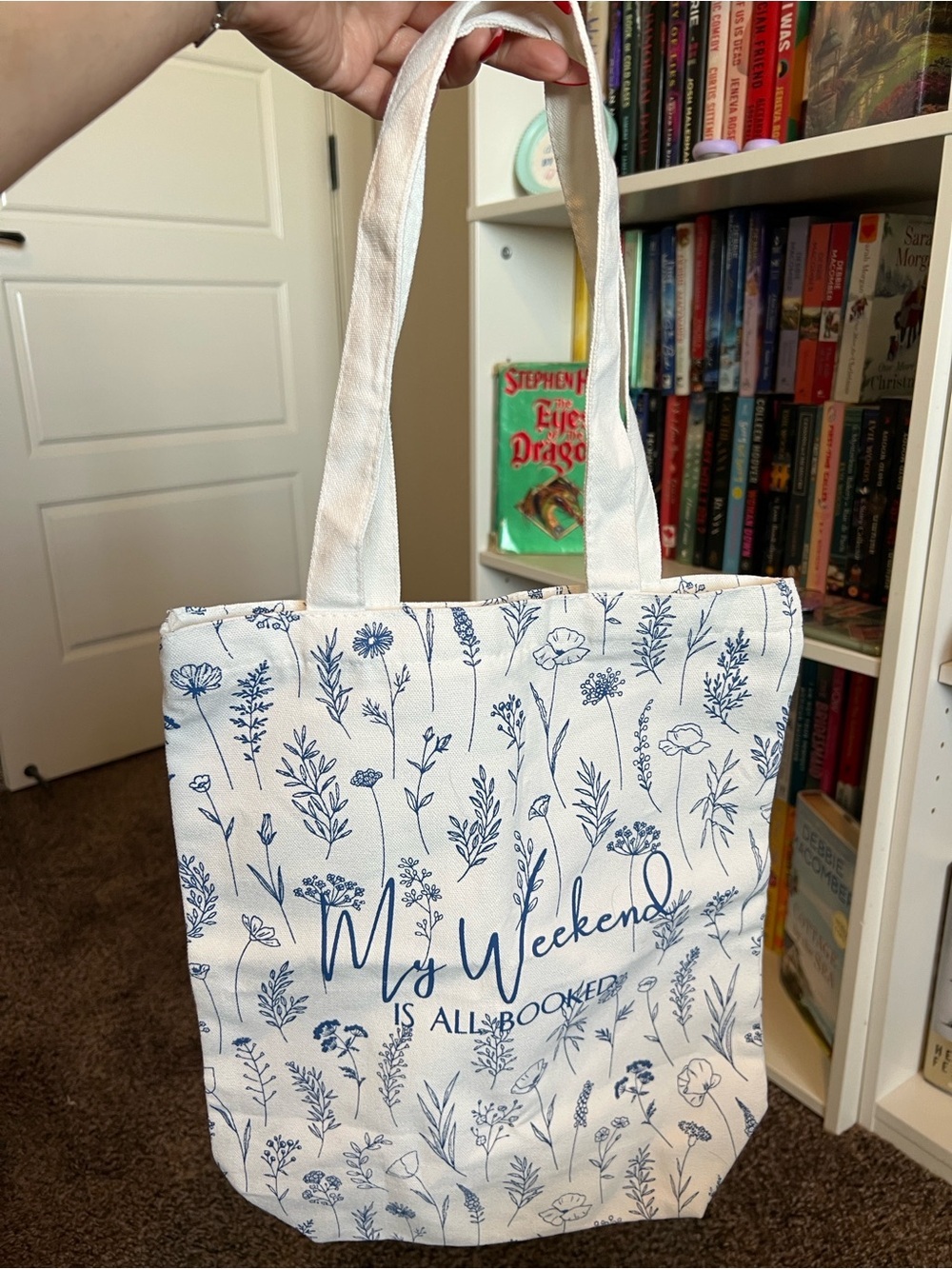 Canvas Book Tote – White with Blue Floral Print